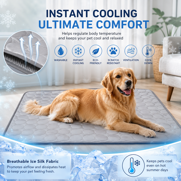 IceTail Cooling Mat — dog lying on blue cooling gel mat