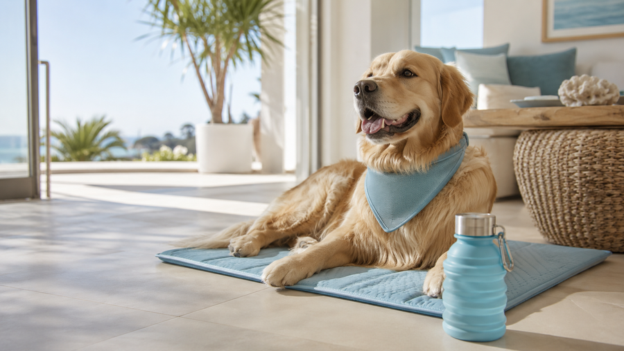 IceTail hero — Golden Retriever cooling mat bandana water bottle beachside home